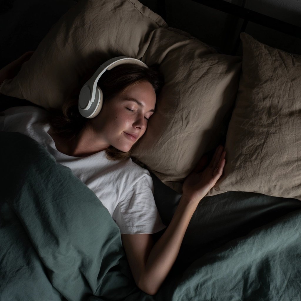 Frau im Bett mit Kopfhörer